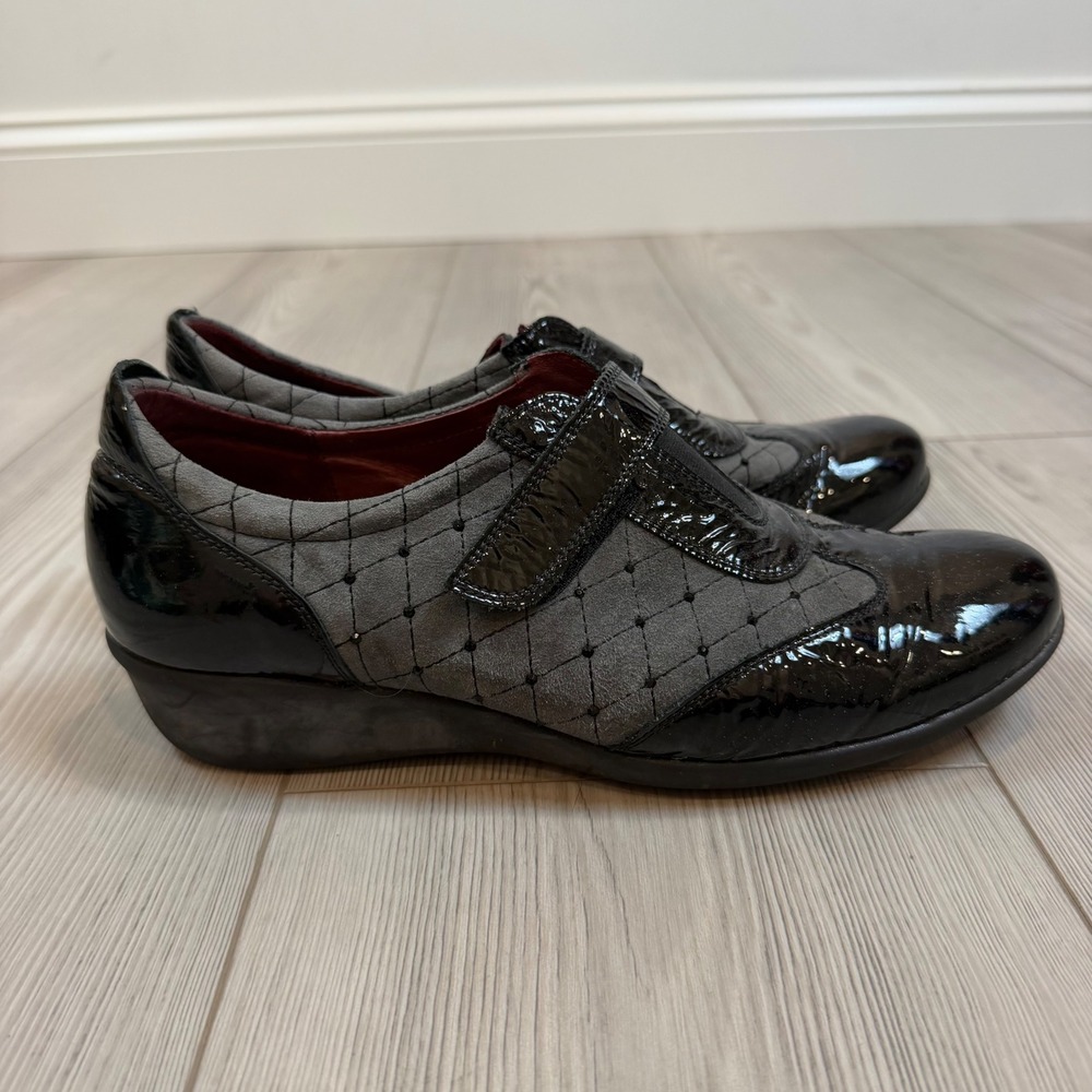 Sabrinas Made in Spain Black Patent Grey Quilted Wedge Loafers Shoes EU 41